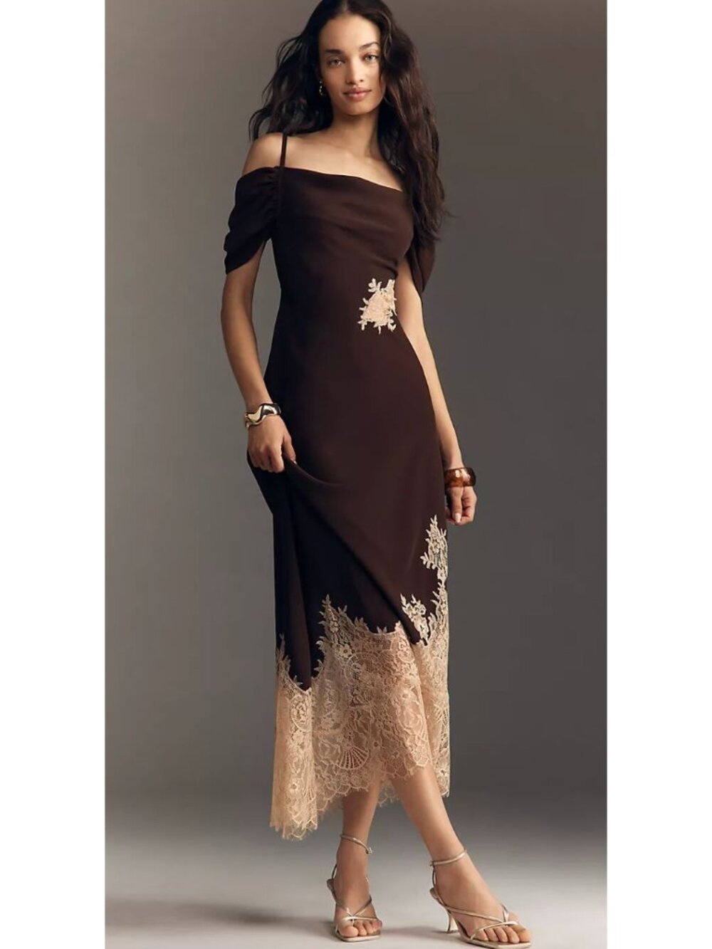 Anthropologie Bl-nk Satin Off-Shoulder Lace Slip Midi Dress Size XS Y2K 90s - Picture 4 of 7